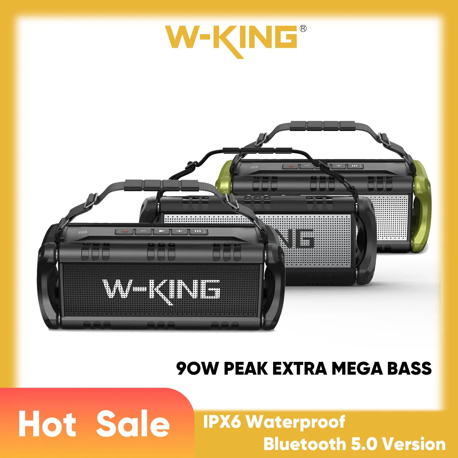 Two black and green portable, waterproof wireless speakers with carry straps and 90W mega bass audio.