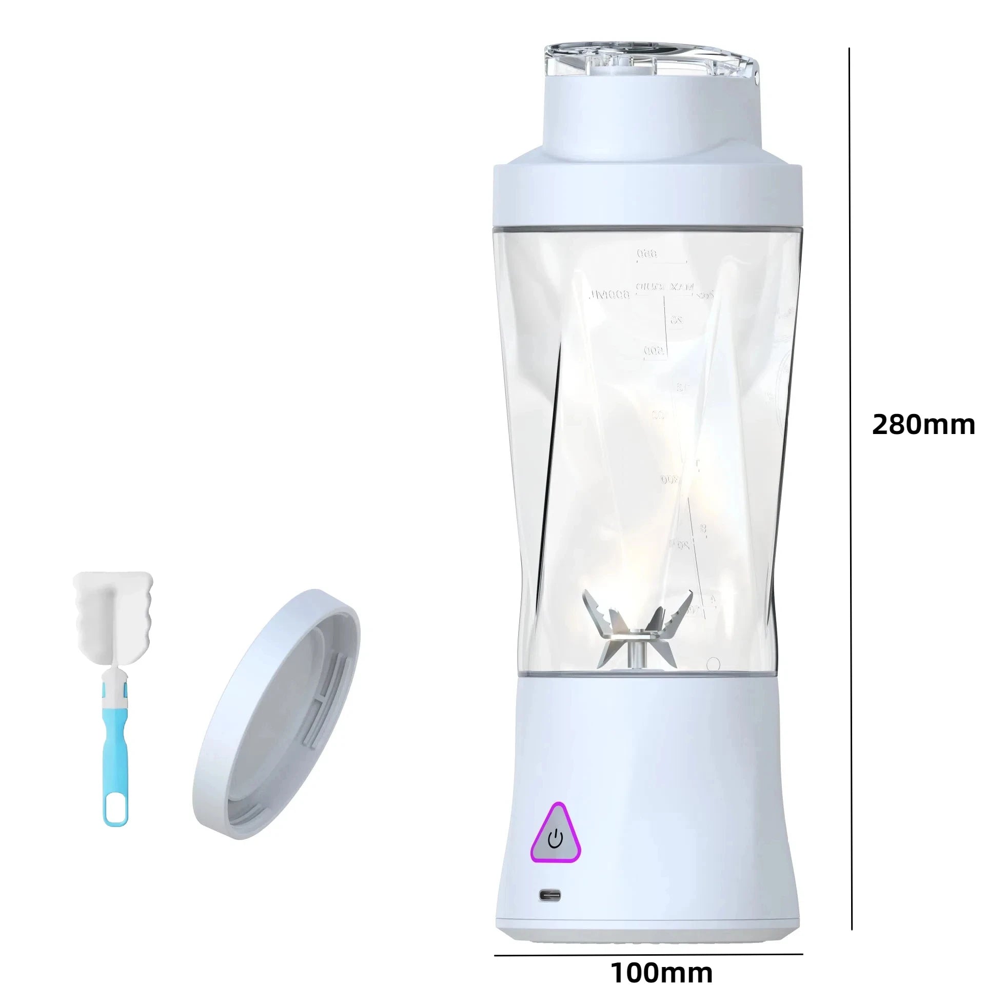 White portable electric blender with clear container, metal blades, power button, extra lid, and cleaning brush.