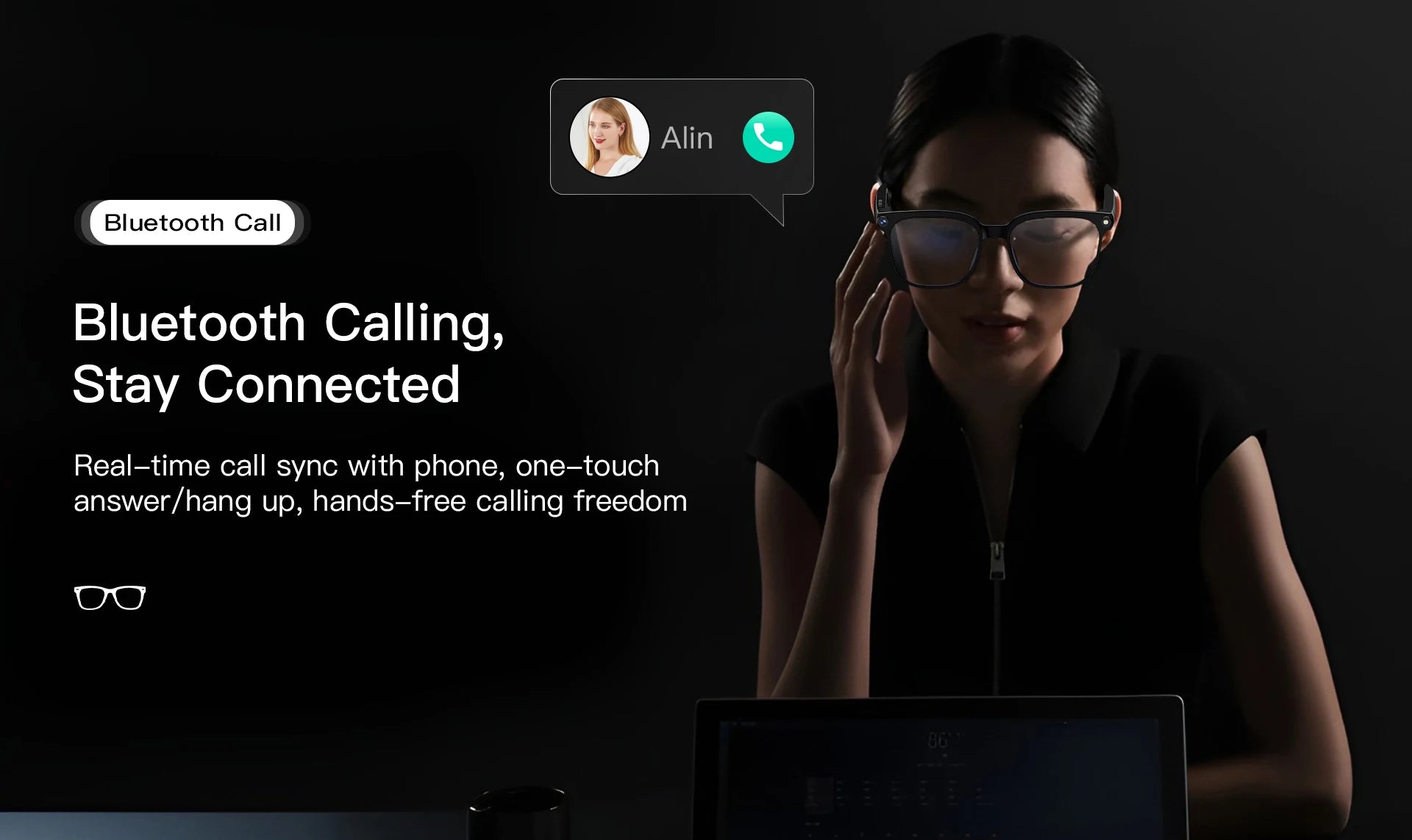 A person wearing sleek black smart glasses, demonstrating hands-free Bluetooth calling with a phone interface overlay.