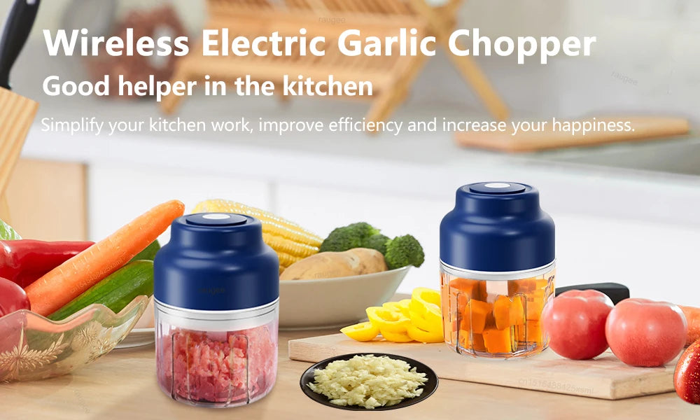 Two compact, wireless electric choppers with dark blue lids and clear, food-filled containers on a kitchen counter.