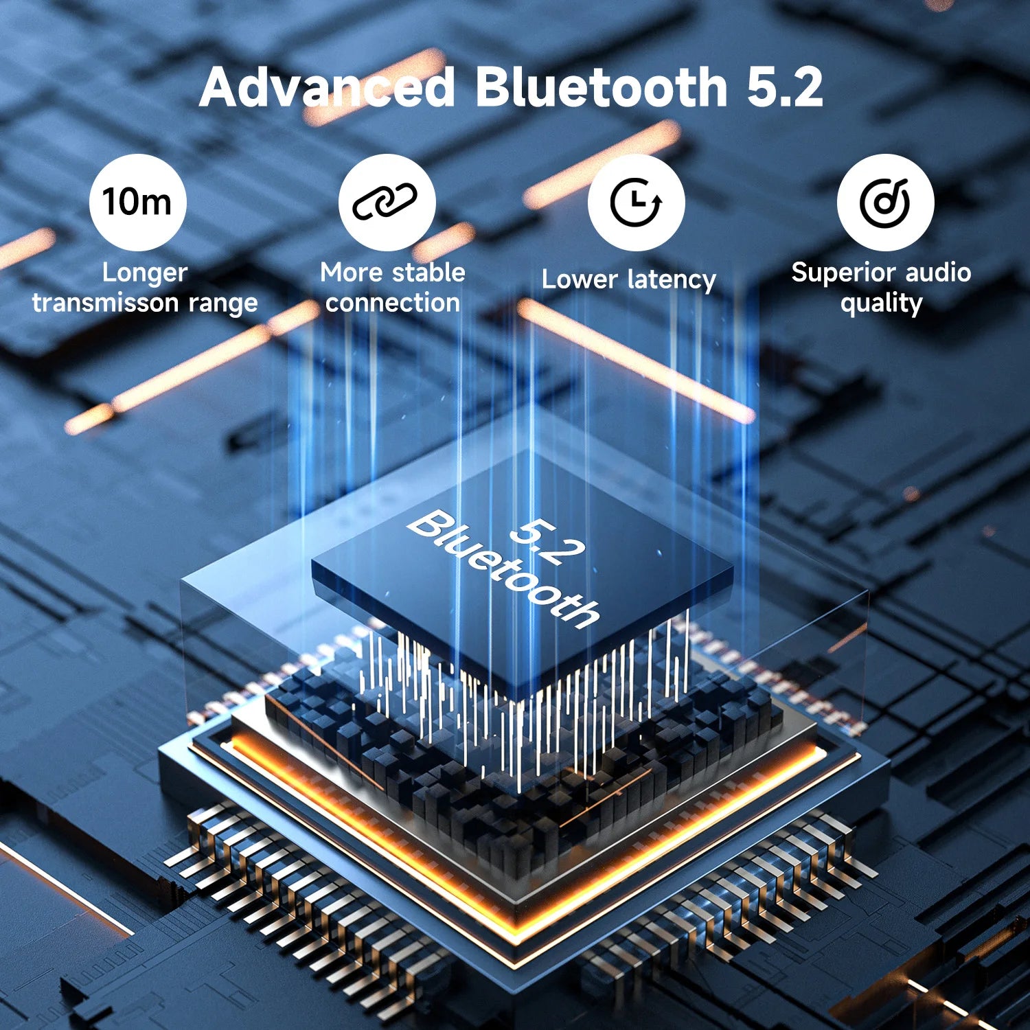 Infographic showing Bluetooth 5.2 chip technology, highlighting range, stability, low latency, and superior audio quality.
