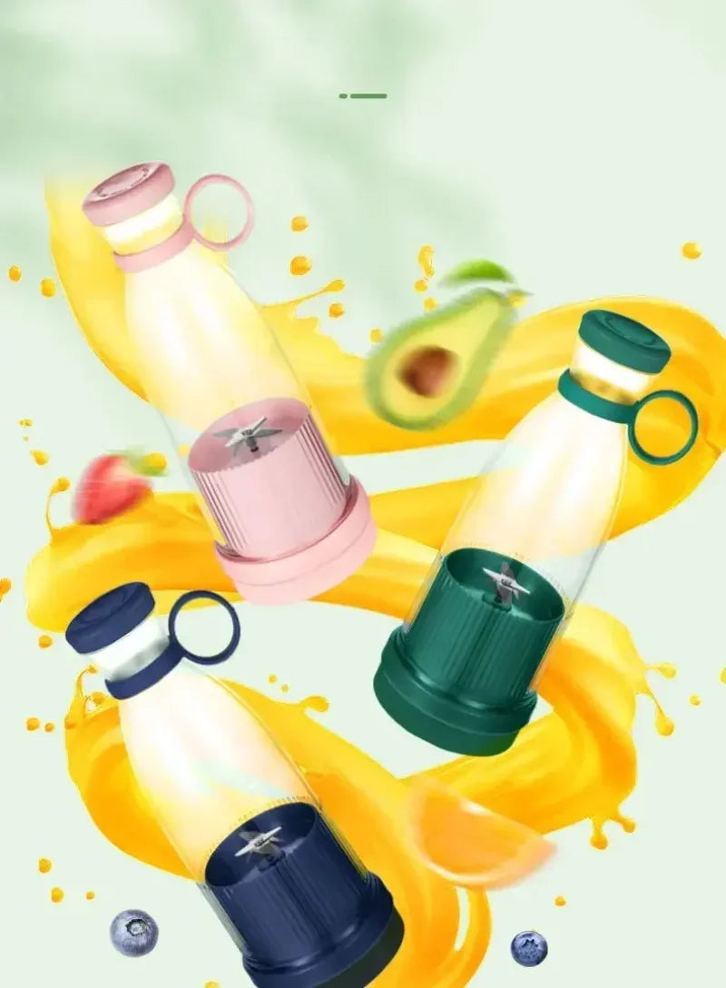 Three portable bottle blenders in pink, green, and dark blue, with blades, floating amidst orange juice and fruit.