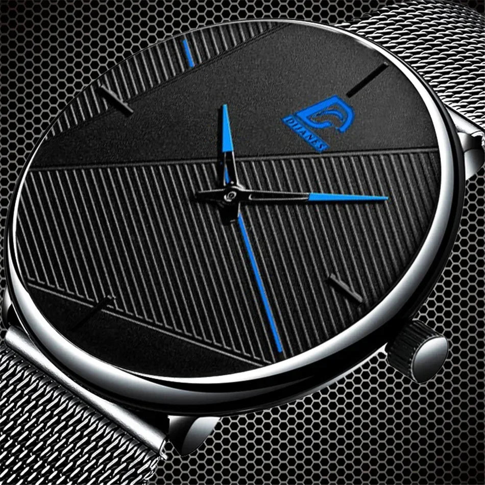 Ultra-thin men’s quartz watch with a black textured dial, vibrant blue accents, and a silver mesh strap.