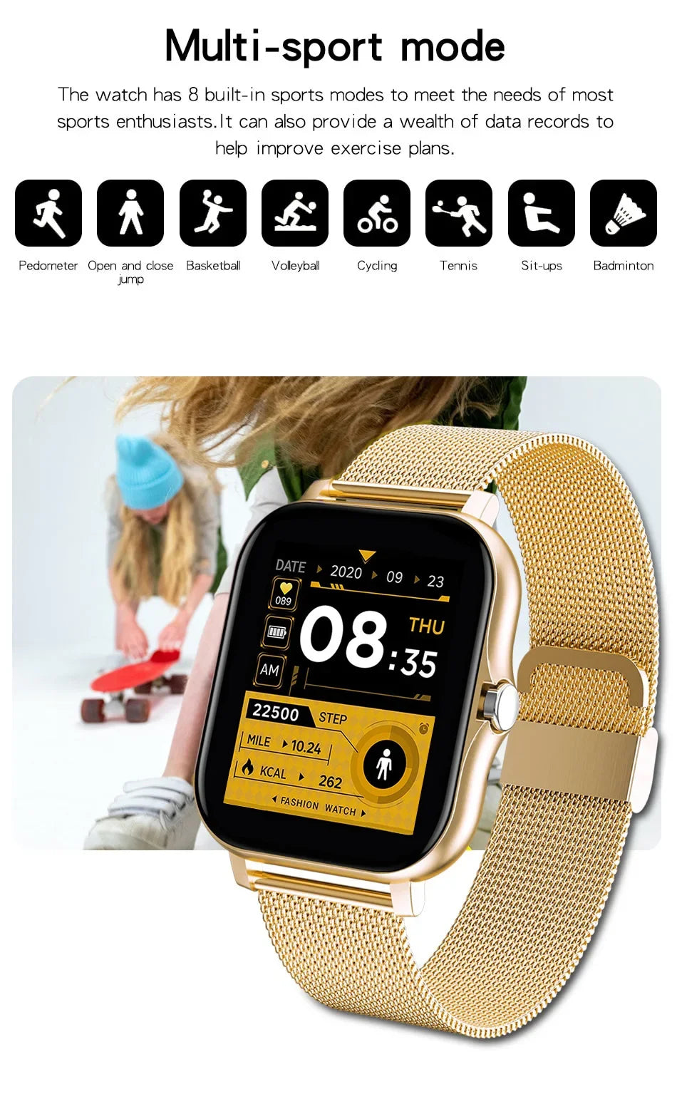 Gold smart watch with a mesh strap and 1.44-inch touch screen showing sports activity data.