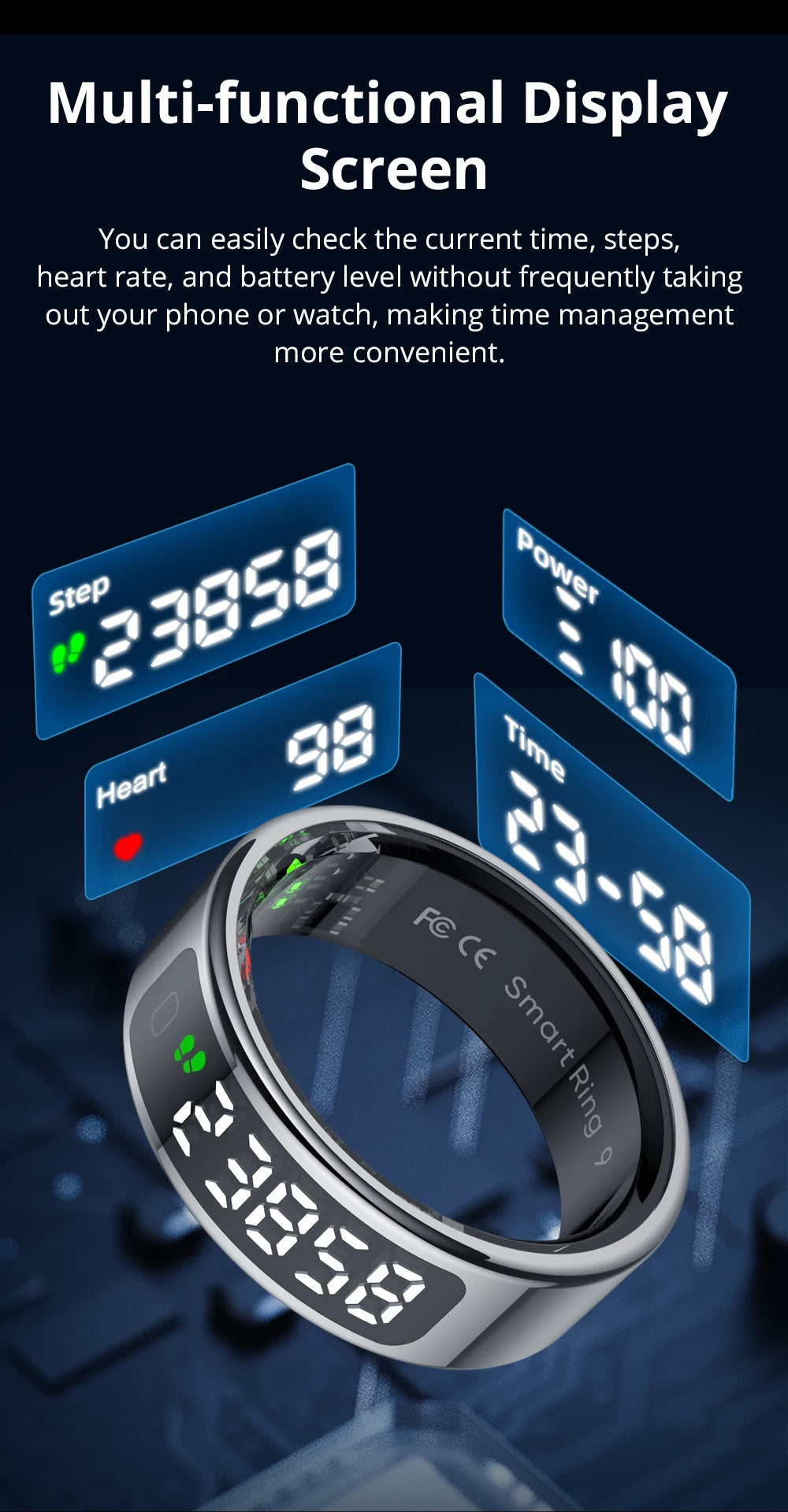 Sleek silver smart ring featuring a digital display showing time, heart rate, step count and battery levels.