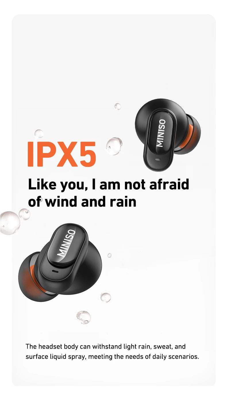 Black wireless earbuds with orange accents, featuring an IPX5 water-resistant design with water droplet graphics.