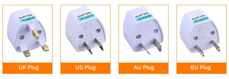 Four white international travel plug adaptors for UK, US, AU and EU sockets.