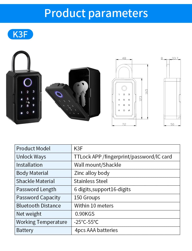Black zinc alloy key lock box with stainless steel shackle, keypad, fingerprint reader, and app unlock.