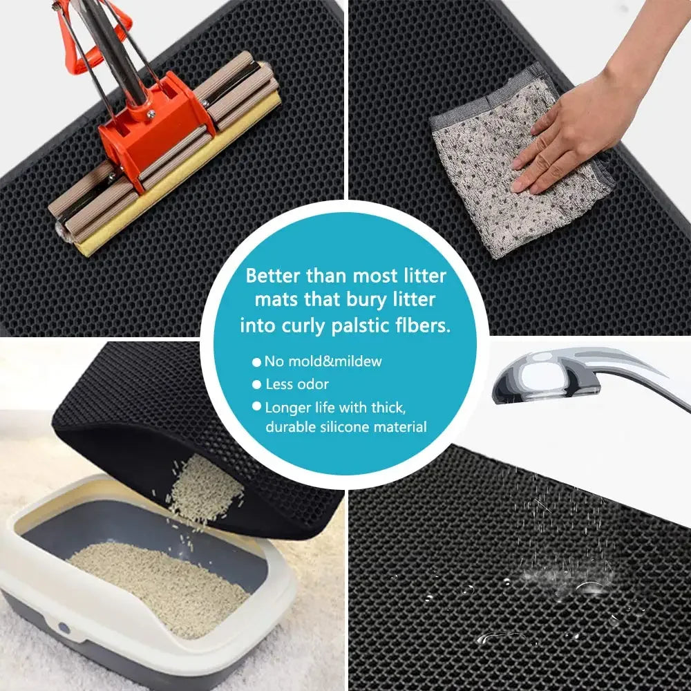 Black double-layer waterproof cat litter mat with honeycomb design, shown being cleaned and poured out.