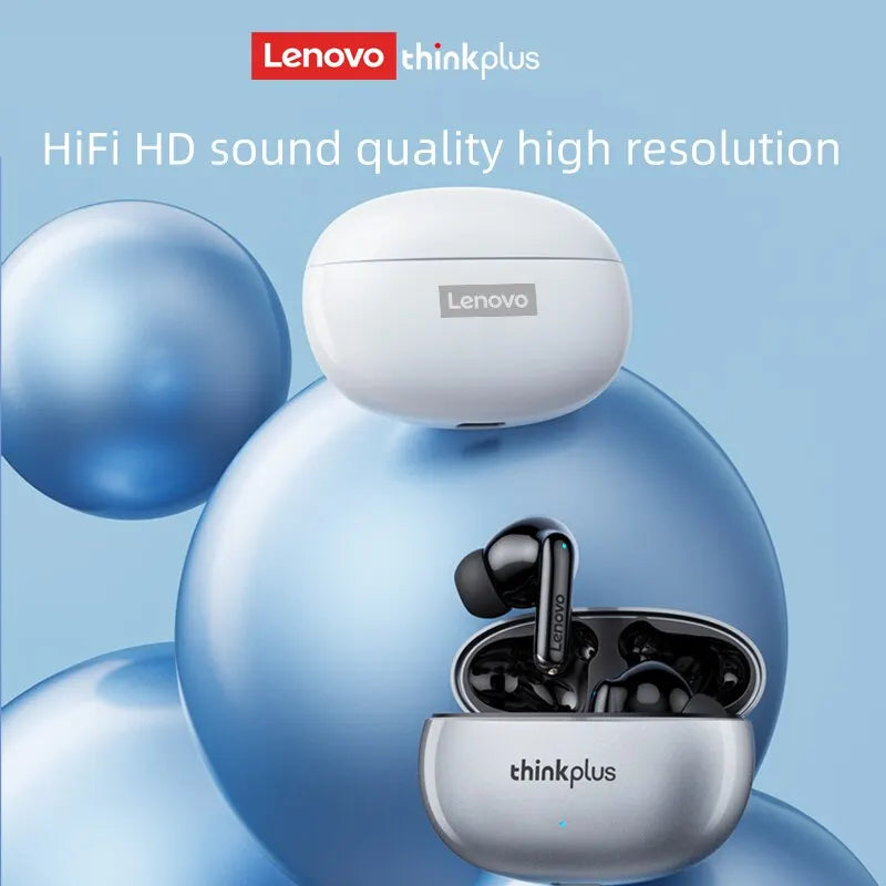 Glossy white and metallic silver wireless earbuds with charging cases, displayed against blue spheres.