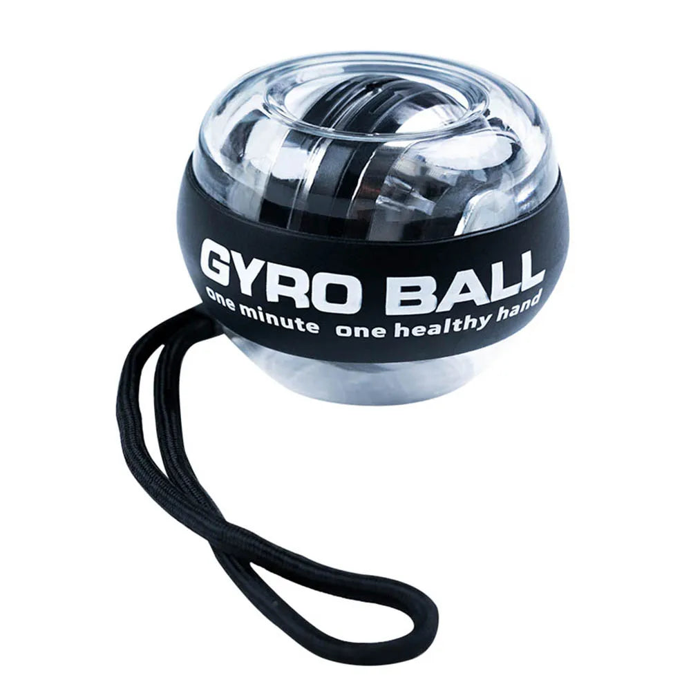 Clear plastic and black gyro wrist exercise ball with a black wrist strap and white "GYRO BALL" text.