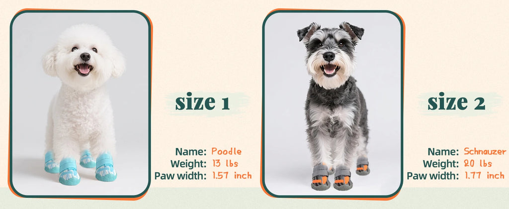Two dogs wearing breathable, non-slip boots with rugged rubber soles in light blue and grey colourways.