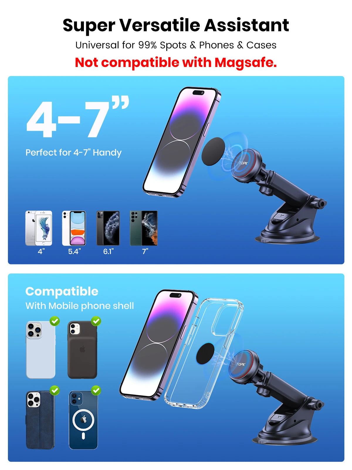 Black magnetic phone car mount with suction base, compatible with 4-7 inch phones and cases. Not MagSafe compatible.