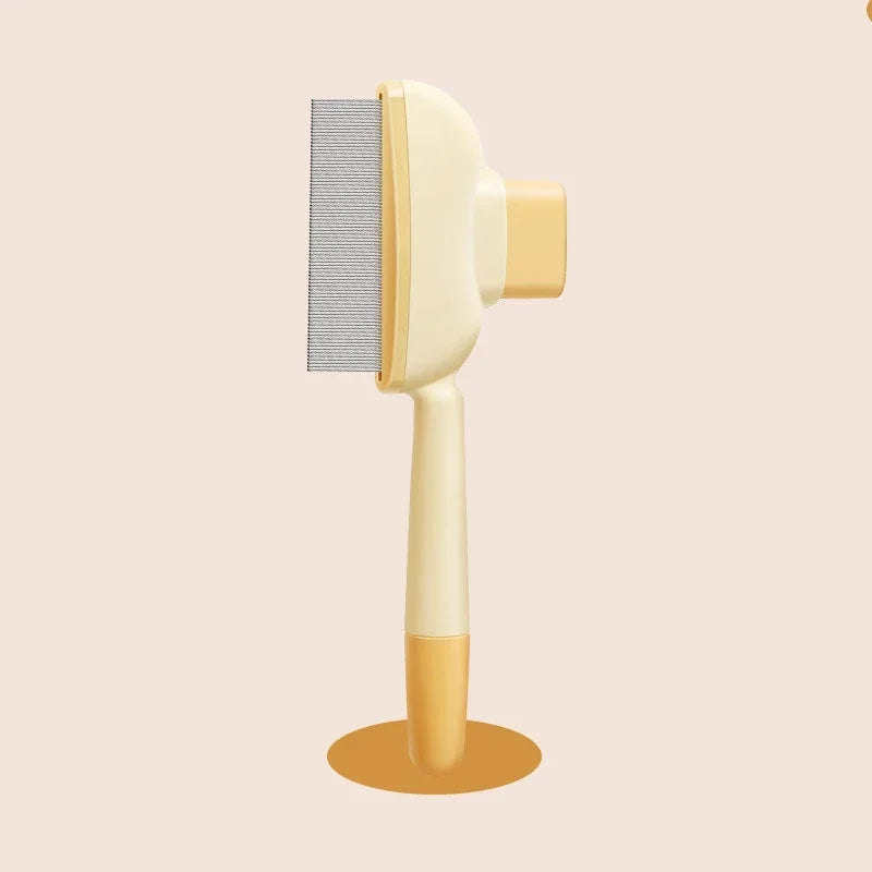 Cream and yellow pet grooming comb with fine metal teeth, shown standing upright on a matching circular base.
