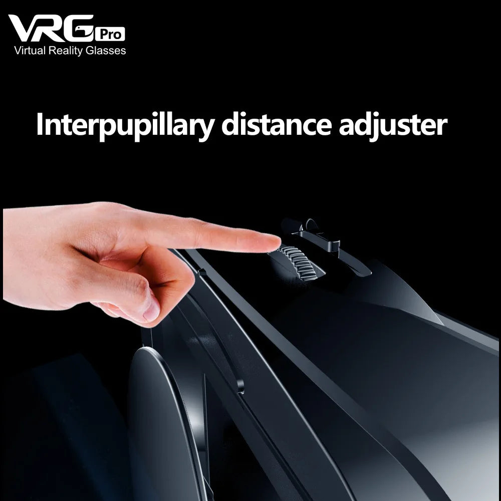 A hand points to the black interpupillary distance adjustment dial on a sleek black virtual reality headset.