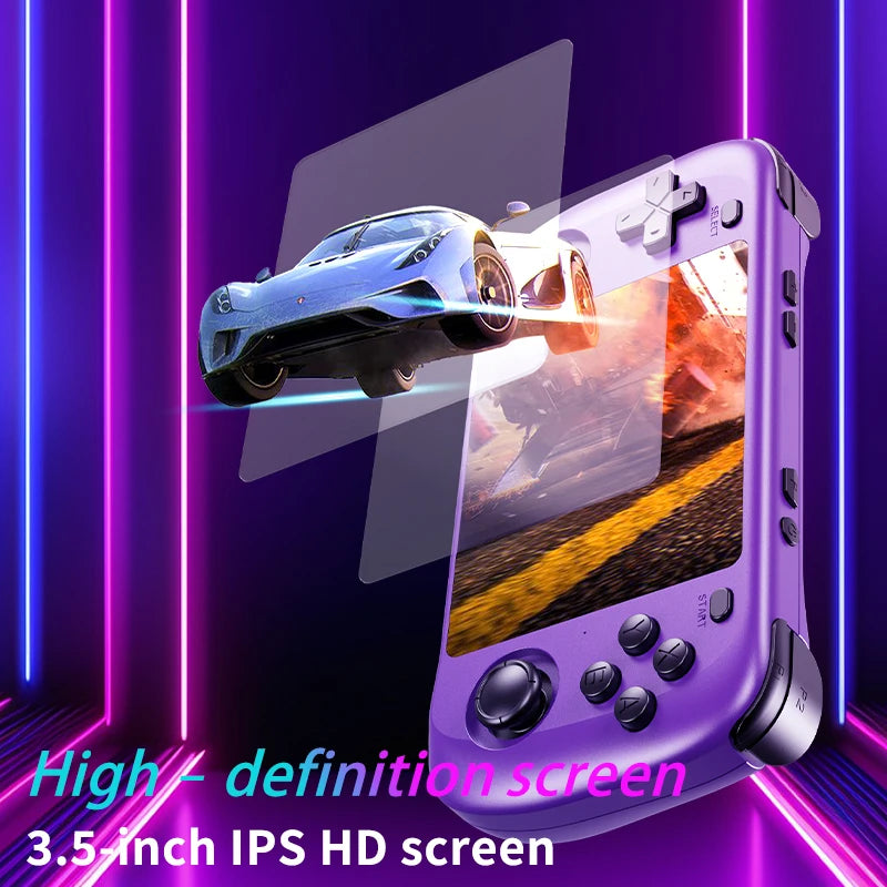 Purple retro handheld gaming console with a D-pad, joystick, action buttons, and active HD display.