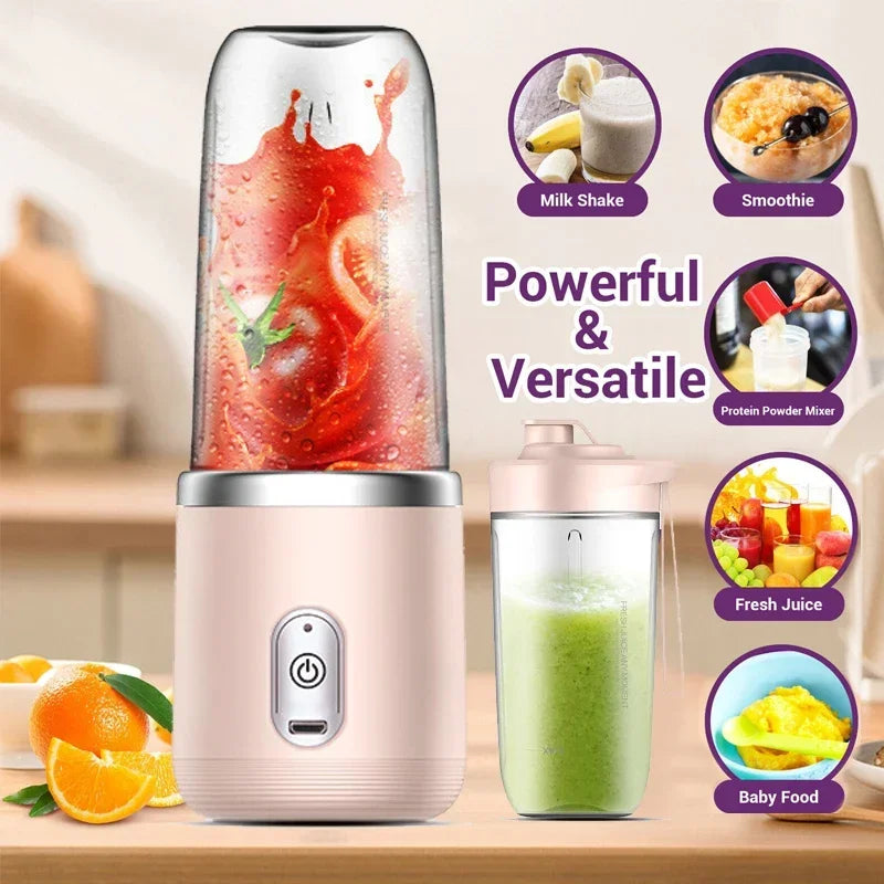 Portable pink electric blender with a clear cup, showing various drink and food prep examples on the side.