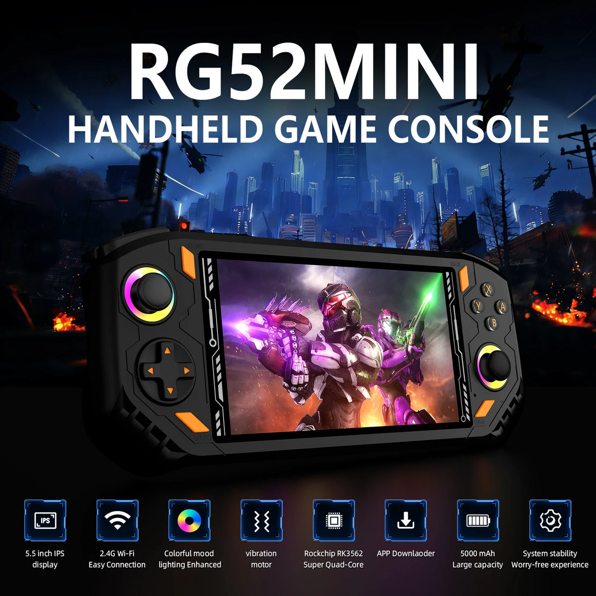 Black RG52 MINI handheld game console with 5.5" IPS screen, dual joysticks, D-pad, and orange accents.