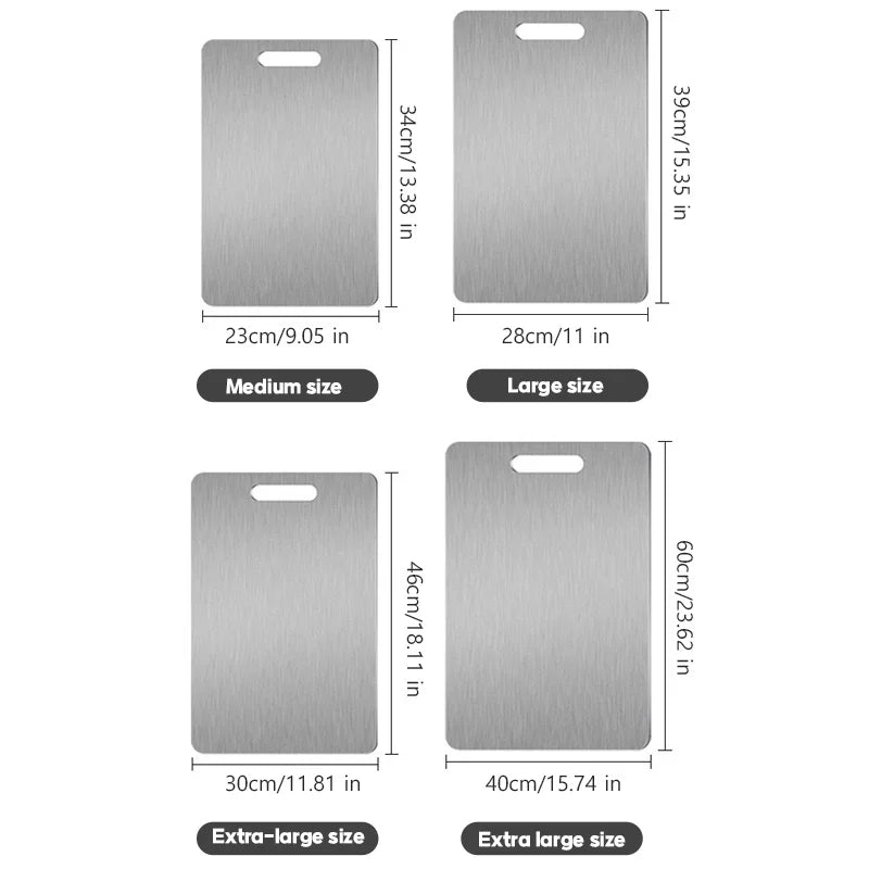 Four stainless steel cutting boards in four sizes with dimensions and hanging holes.