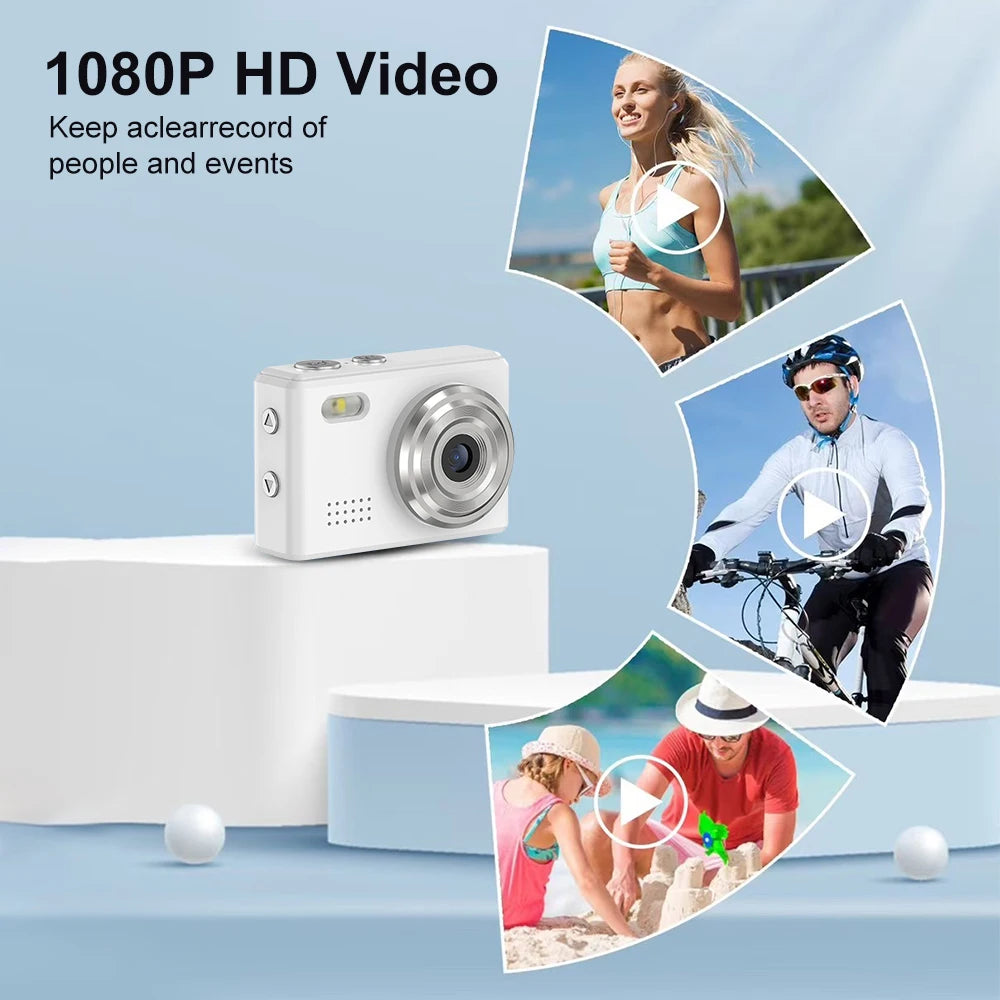 White plastic 1080p HD digital camera with a prominent circular lens, shown alongside active lifestyle images.