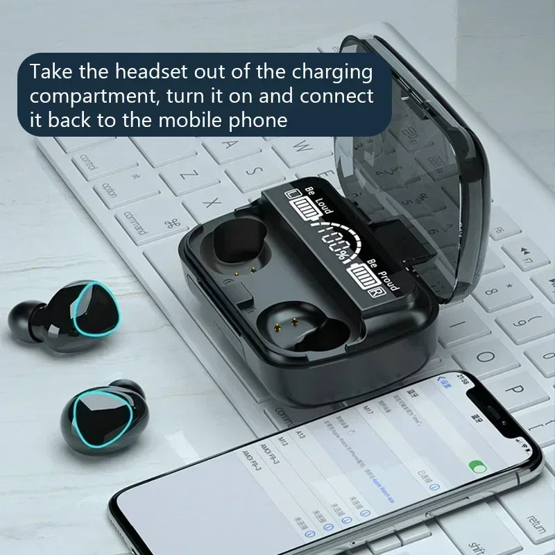 Black wireless earbuds with blue light accents, featuring a charging case with a digital battery display.