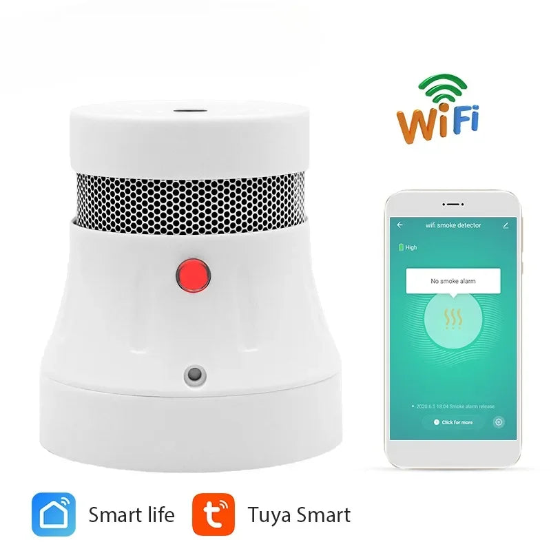 White smart WiFi smoke detector with a red test button, shown next to a smartphone app monitoring smoke levels.