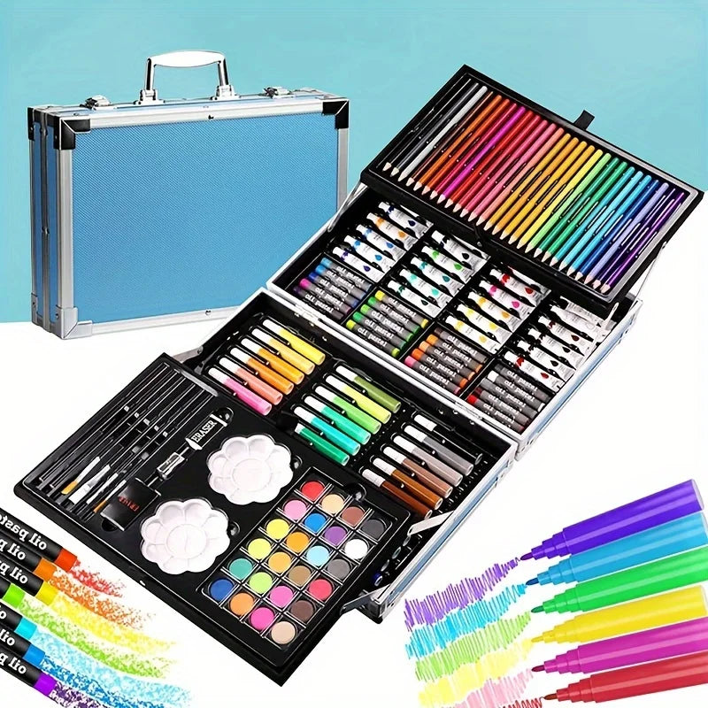 Art supply set in a blue carry case, featuring coloured pencils, pastels, paints, markers, brushes, and palettes.
