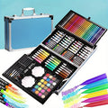 Art supply set in a blue carry case, featuring coloured pencils, pastels, paints, markers, brushes, and palettes.