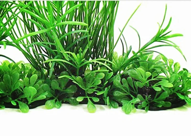 Artificial aquarium plants with tall blades and low-lying, rounded leaves in bright green on a black base.