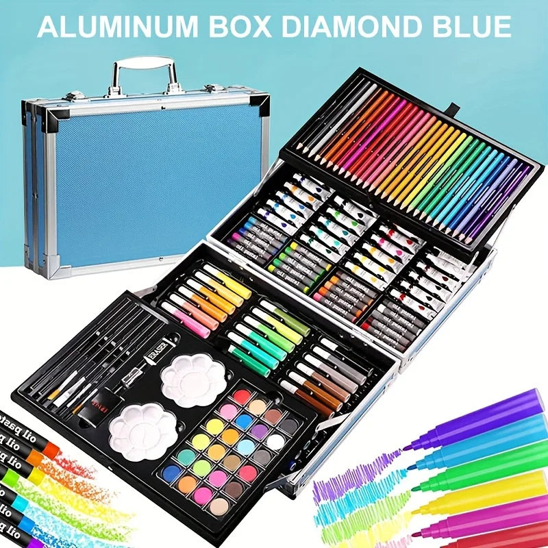 Blue aluminium art set in a carry case, containing pencils, paints, pastels, brushes, and markers for artists.