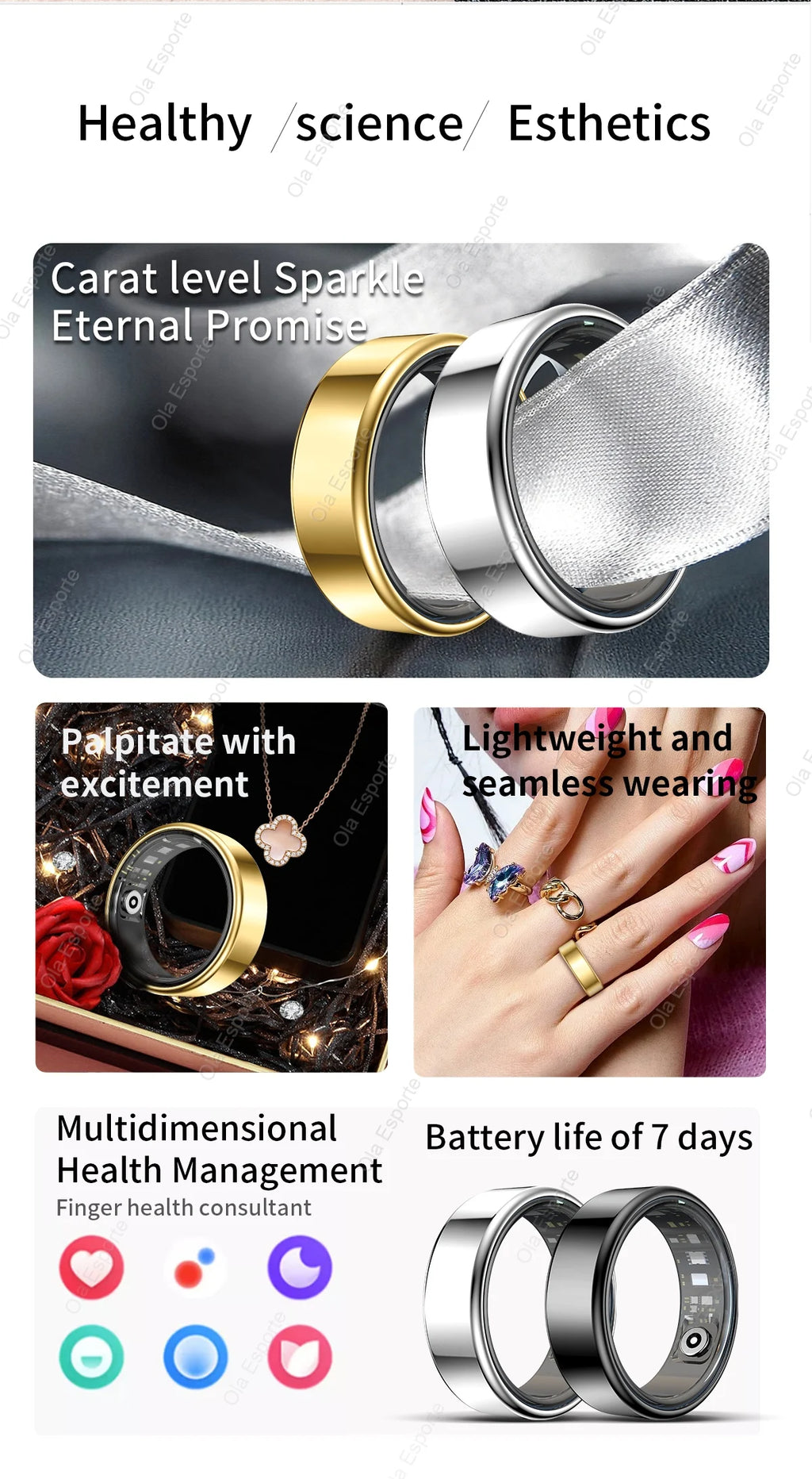 A sleek smart health ring in gold, silver, or black, featuring a lightweight design, sensors, and 7-day battery life.