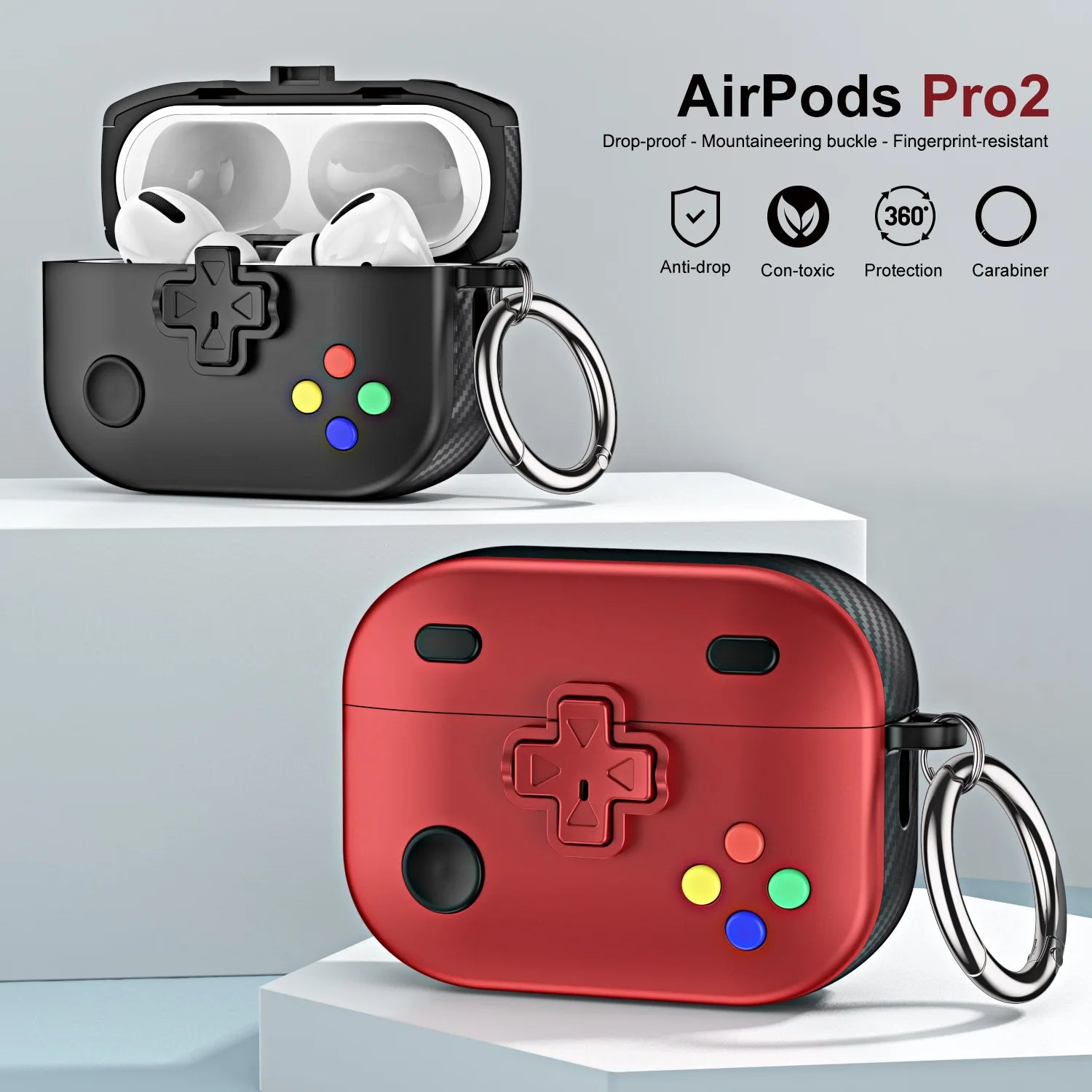 Retro gaming controller-style case for AirPods Pro 2 in black and red, featuring a durable design with a carabiner.