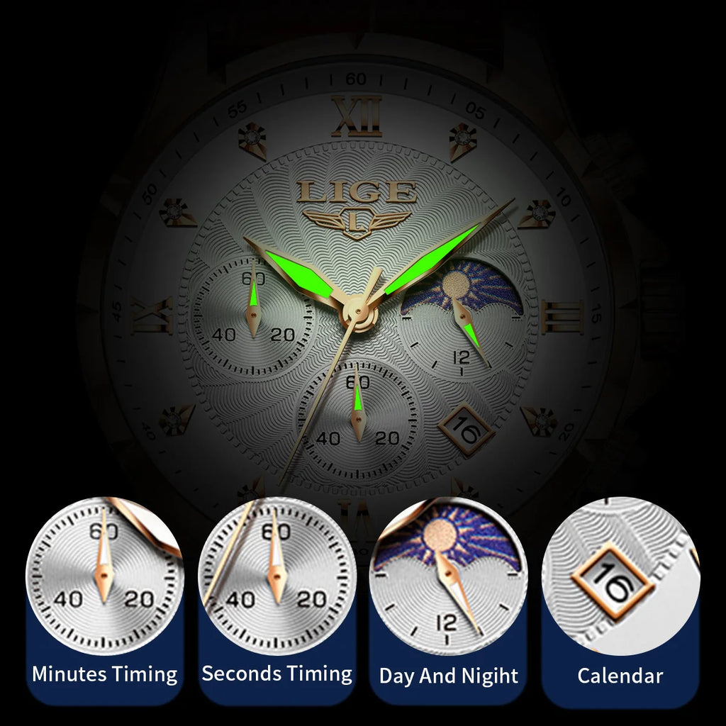 Classic men’s chronograph watch with a textured white dial, rose-gold details, luminous hands, and a calendar window.