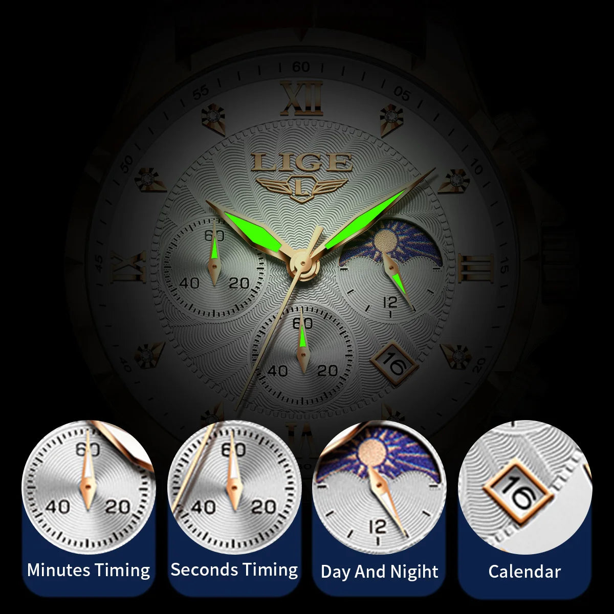 Classic men’s chronograph watch with a textured white dial, rose-gold details, luminous hands, and a calendar window.