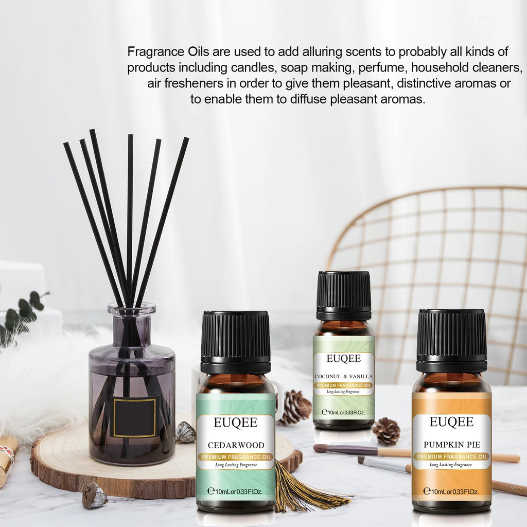 EUQEE 10ml amber glass fragrance oil bottles with black caps and green and yellow labels, next to a diffuser.