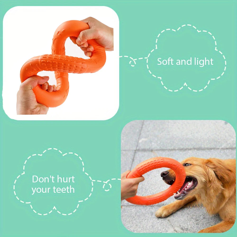 A hands-on demonstration of an orange, flexible, textured EVA dog ring toy being played with by a Golden Retriever.