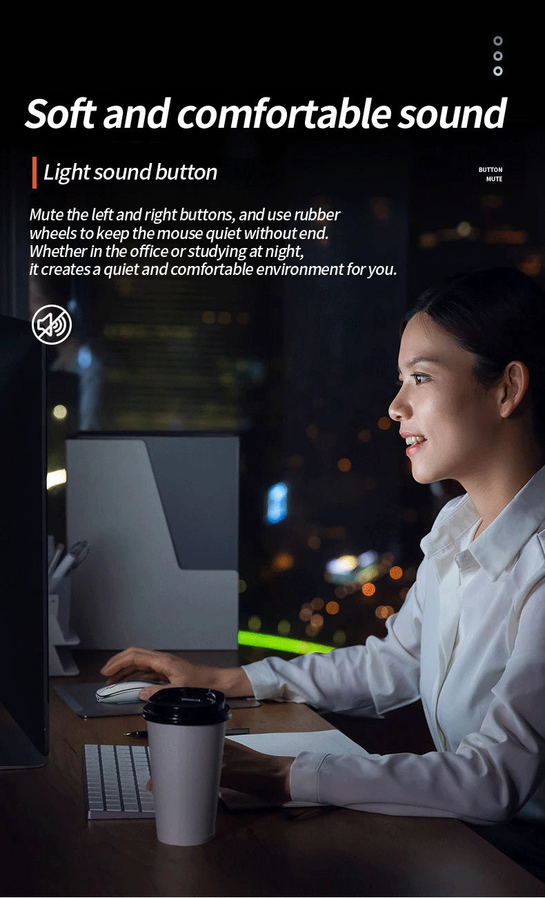 A woman uses a sleek, white silent wireless mouse with a rubber scroll wheel in a dim, modern office setting.