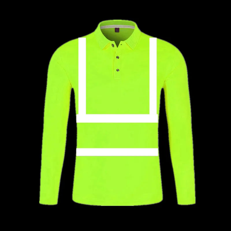 High-visibility yellow long-sleeve polo shirt with reflective silver strips and a three-button collar.