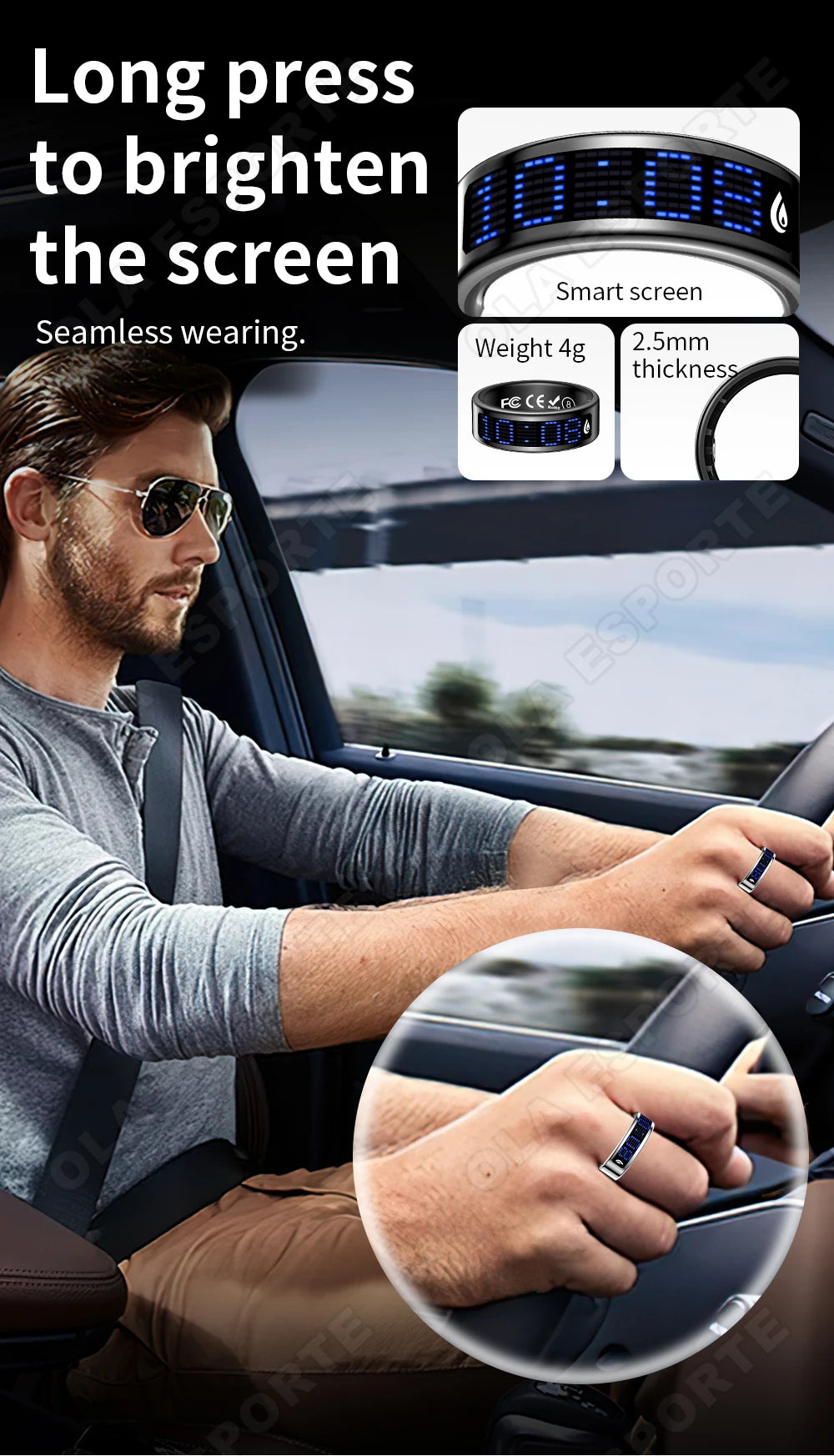 Sleek black smart fitness ring with a blue digital display, 2.5mm thin, lightweight design worn on a driver's finger.