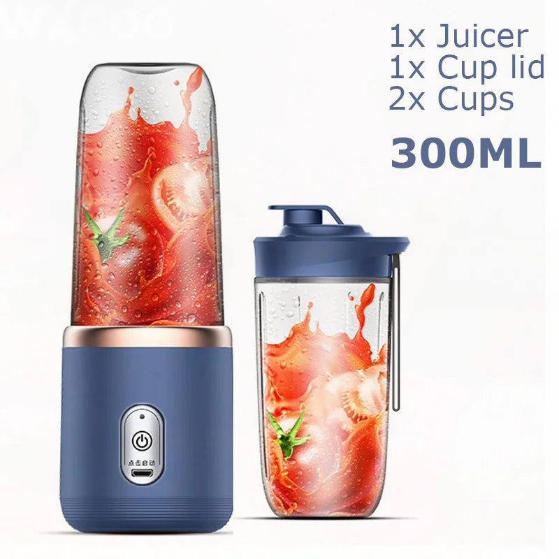 Portable 300ml blue juicer blender with two clear cups and a lid, featuring a modern, sleek design.