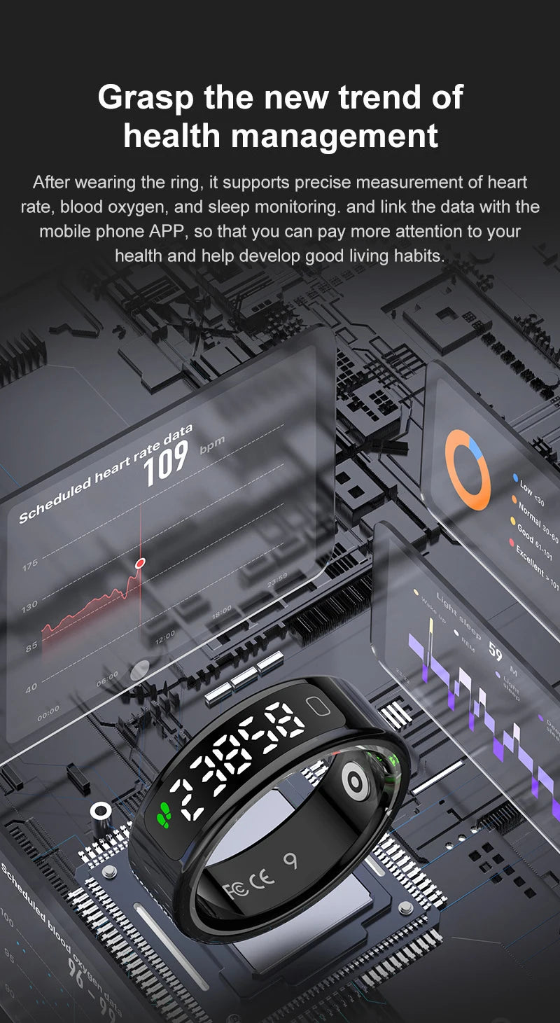 Sleek black smart health monitoring ring with a clear LED display, surrounded by digital heart rate and sleep data.