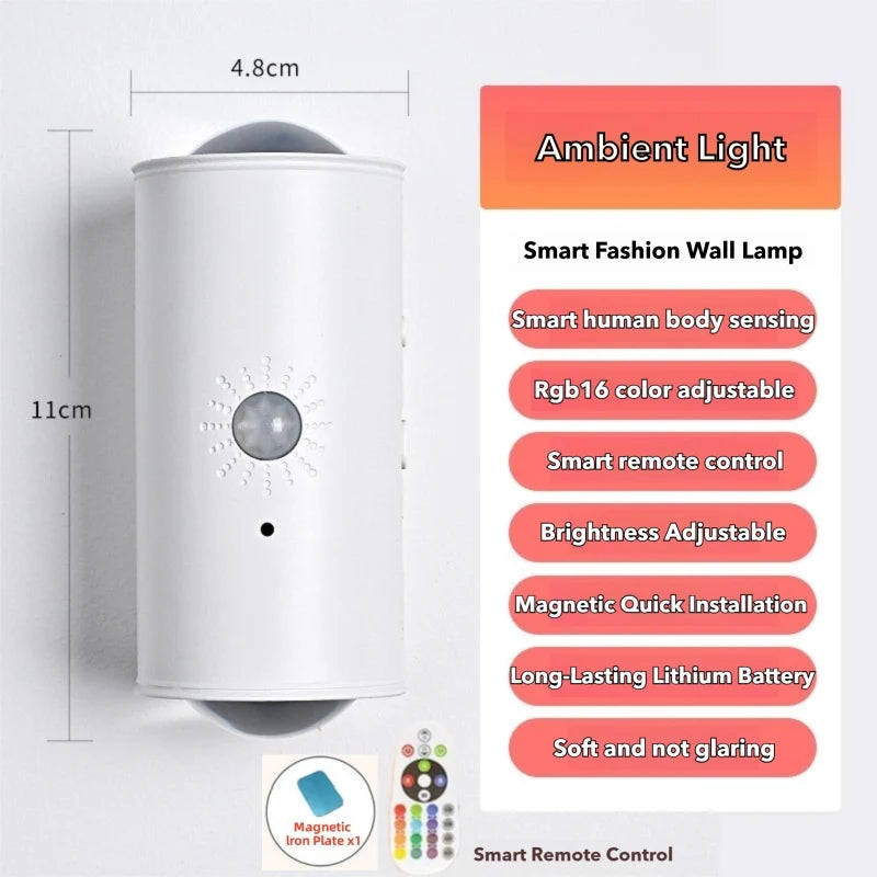 White cylindrical LED wall lamp with motion sensor, RGB colour changing, remote control, and magnetic mounting.