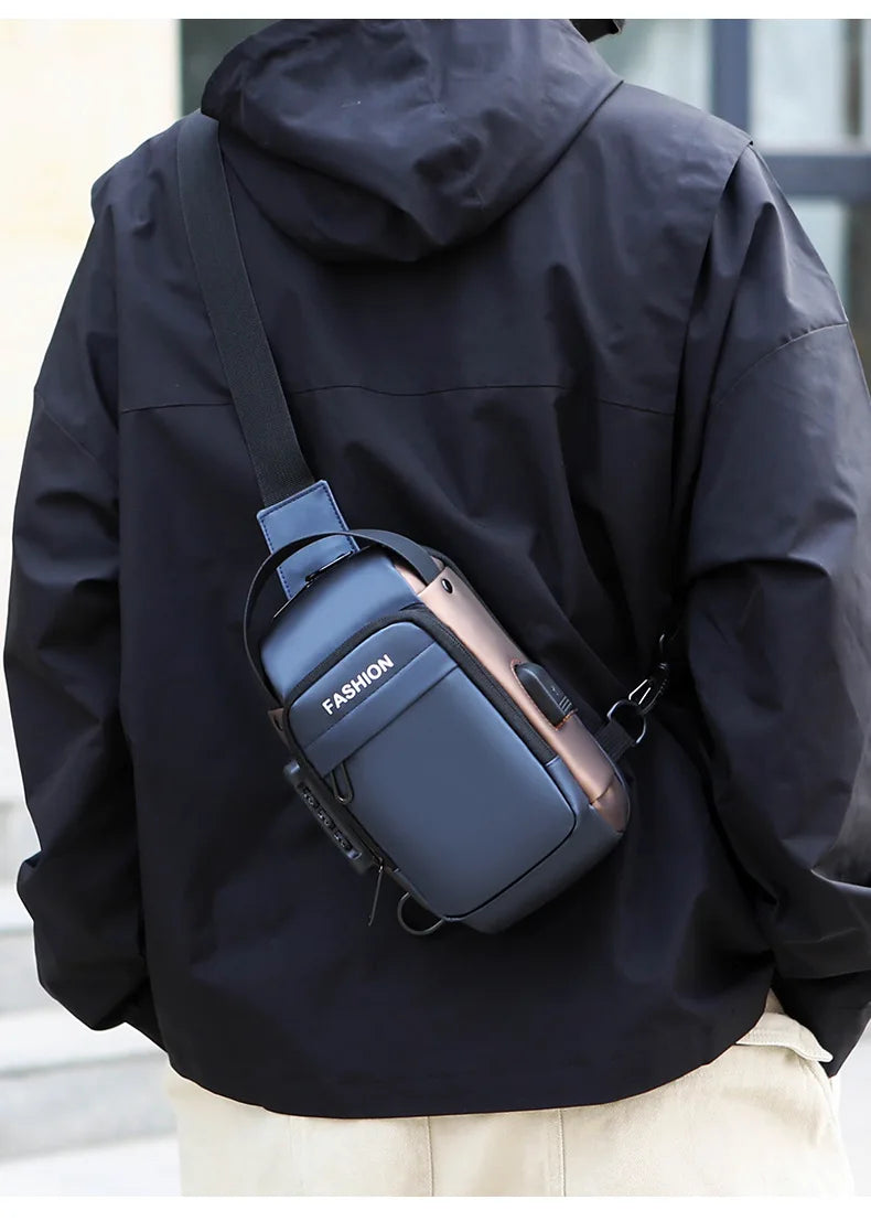 A person wearing a sleek, navy and bronze anti-theft crossbody sling bag with an integrated USB charging port.