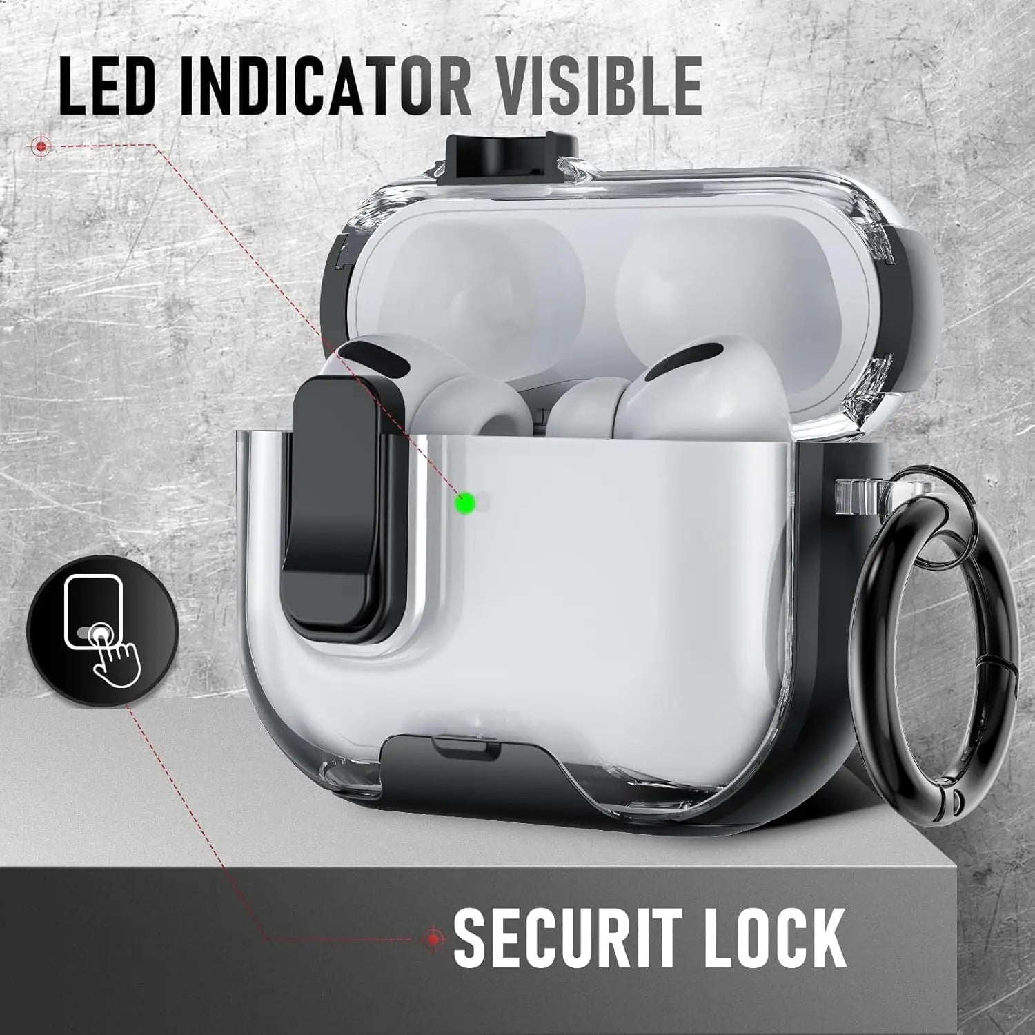 Clear, shockproof AirPods Pro case with black security latch and carabiner. Visible LED indicator light.