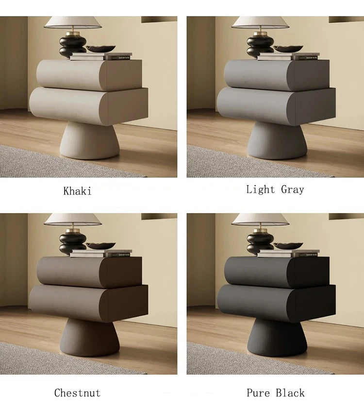 Modern bedside tables with two curved drawers, shown in khaki, light grey, chestnut, and black on pedestal bases.