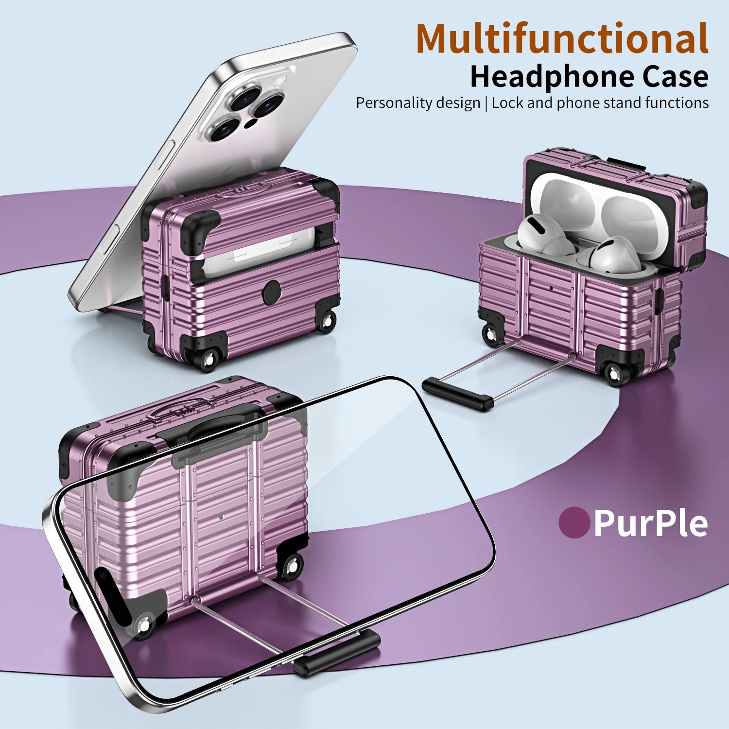 Purple suitcase-style protective case for AirPods Pro, featuring a built-in phone stand and retractable handle.