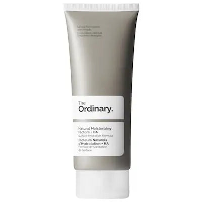 Grey squeeze tube of natural moisturising factors facial cream with hyaluronic acid.