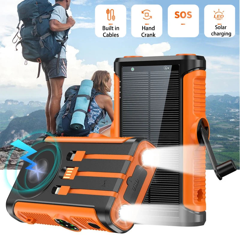 Orange and black solar power bank with built-in cables, hand crank, LED torch, and magnetic wireless charging.