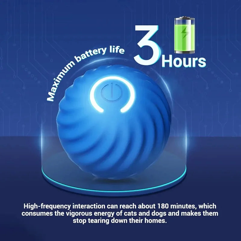 Blue, spiral-textured interactive dog toy ball with a central light-up power button and 3-hour battery life.
