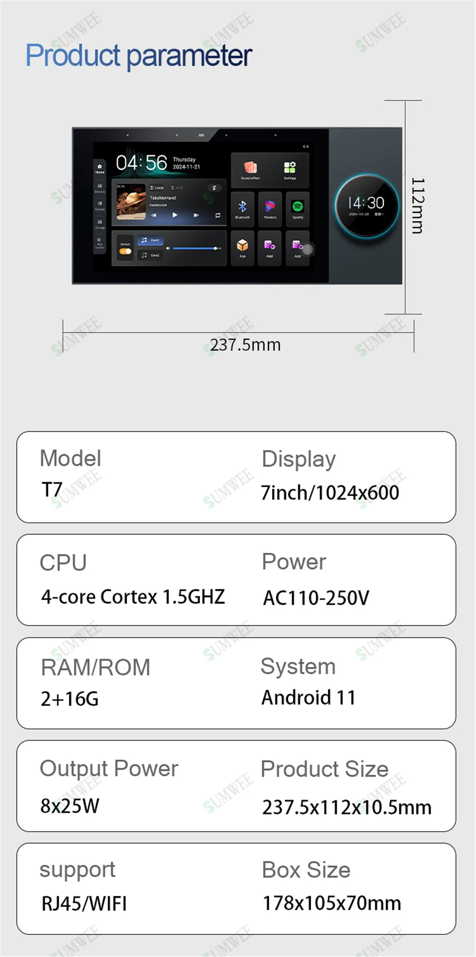 Black 7-inch in-wall smart home touch panel with digital display showing time, media controls, and app icons.